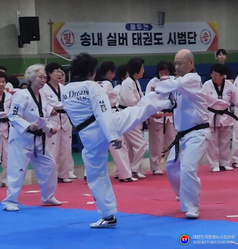 기사 2026.07.04.(토) 1-13  사진 13_ 2026 전국실버태권도한마당 개회식 후 동두천실버태권도시범단이 시범을 하고 있다._경기도 동두천시 반다비체육센터 .jpg